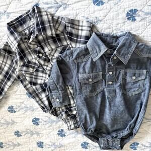 Red River Baby Pearl Snap WESTERN Bodysuits Long Sleeve Plaid & Denim 3-6 Months